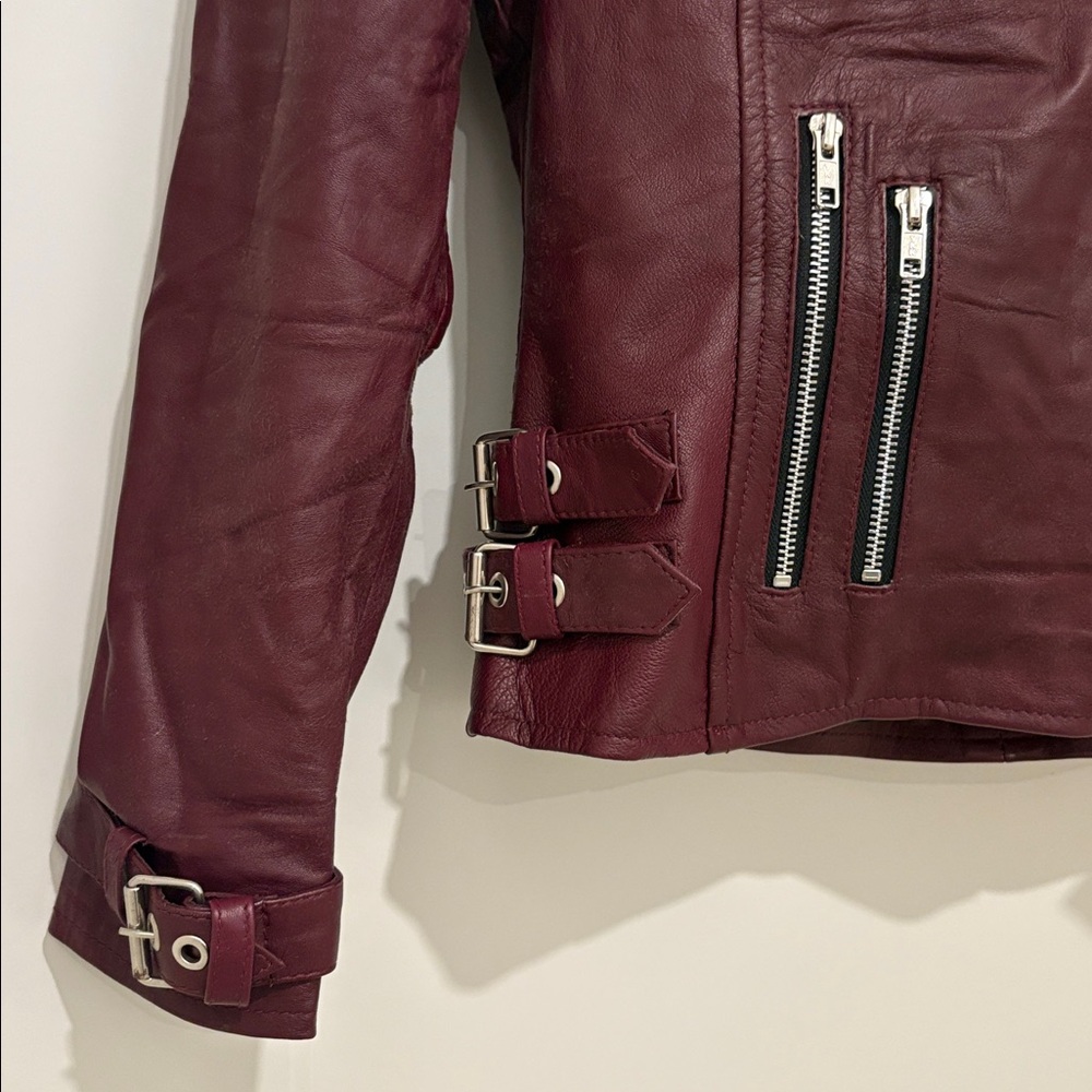 NWT [Leather Skin] Burgundy Maroon Asymmetrical Zip Leather Jacket Women’s XS - Picture 7 of 12